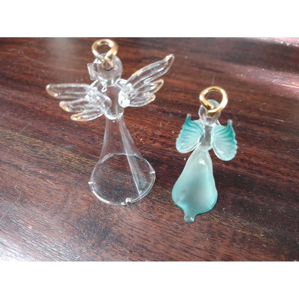 Set of 2 Hand Blown Glass Angel Figurines Gold Accents Clear & Aqua 3"